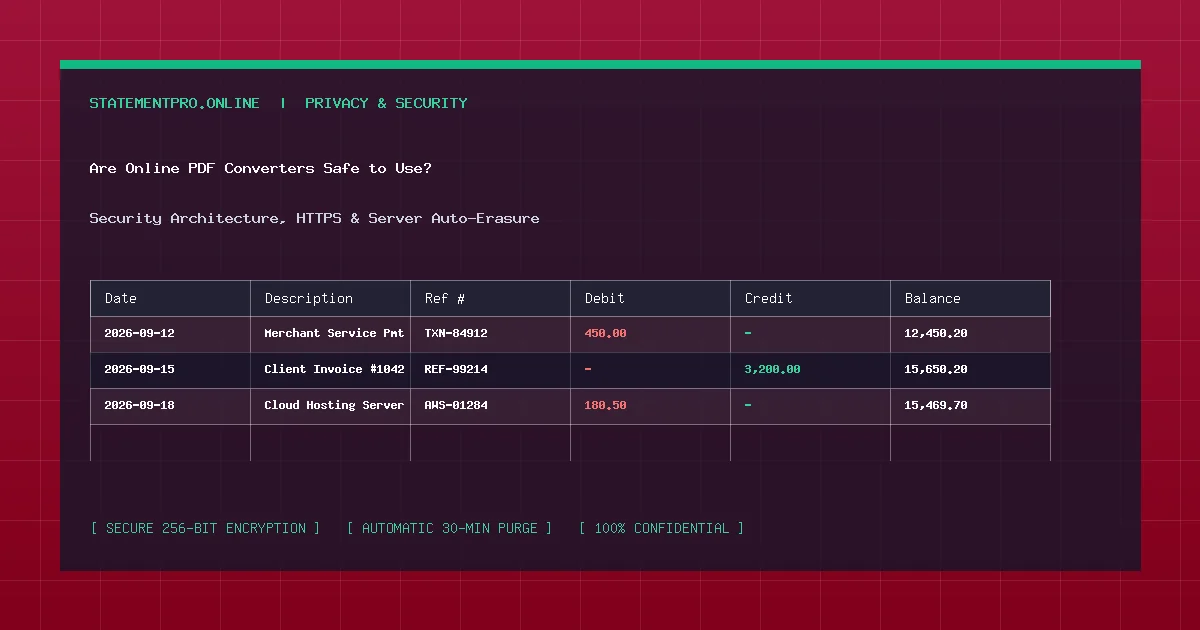 Cybersecurity audit infographic evaluating online PDF converter safety, server architecture, and file retention policies