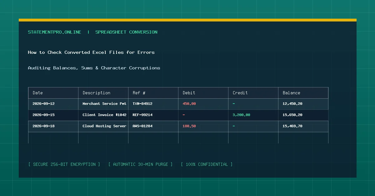 Auditing checklist diagram highlighting formula validation, row count verification, and balance reconciliation in Microsoft Excel