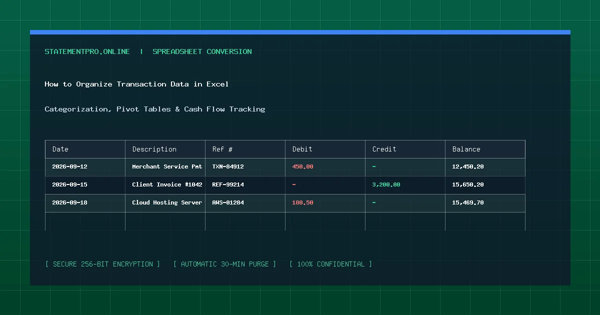 Diagram showing organized transaction ledger in Microsoft Excel featuring pivot table expense breakdown and dynamic category lookups